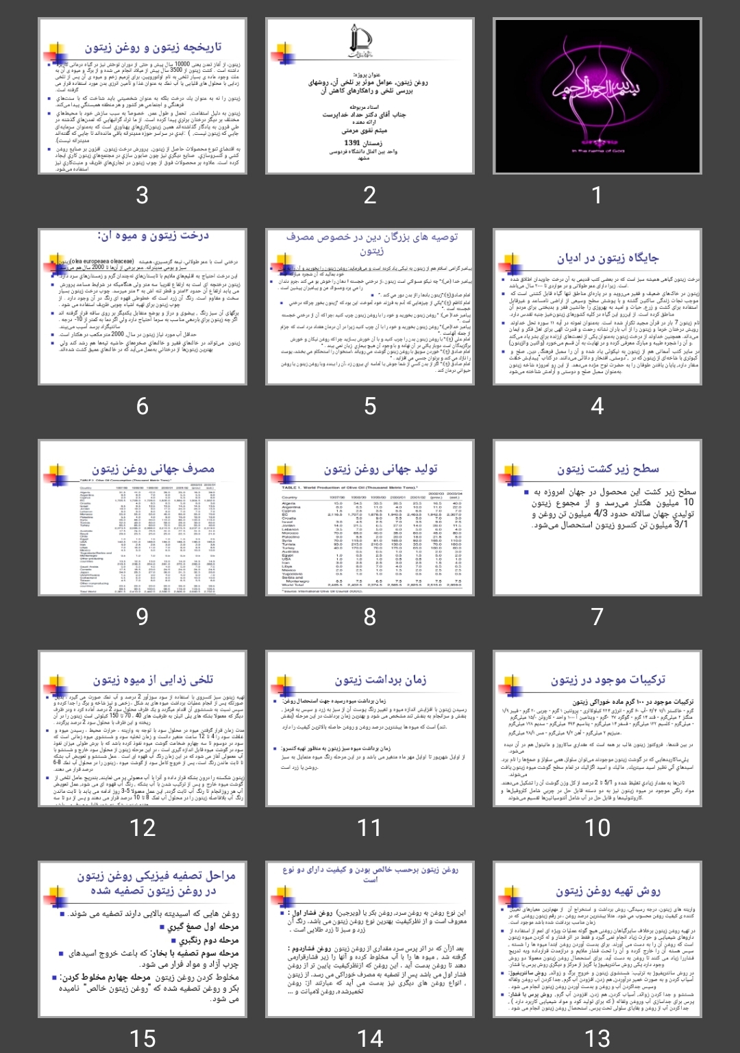 پاورپوینت روغن زیتون، عوامل موثر بر تلخی آن، روش های بررسی تلخی و راهکارهای کاهش آن